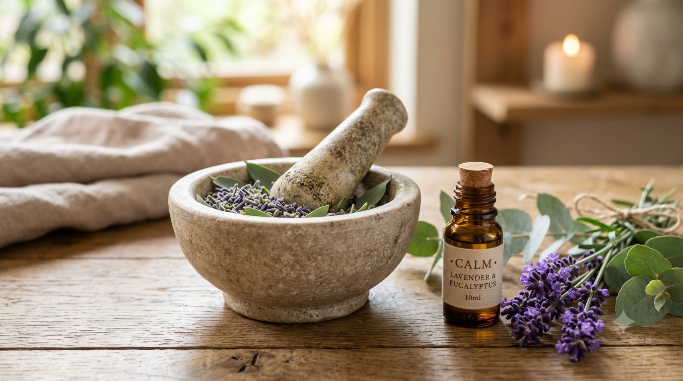 Mortar and pestle with lavender and eucalyptus sprigs and essential oil